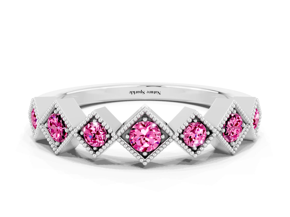 Round Pink Sapphire Square Bezel Chevron Band in White gold with Milgrain Detailing