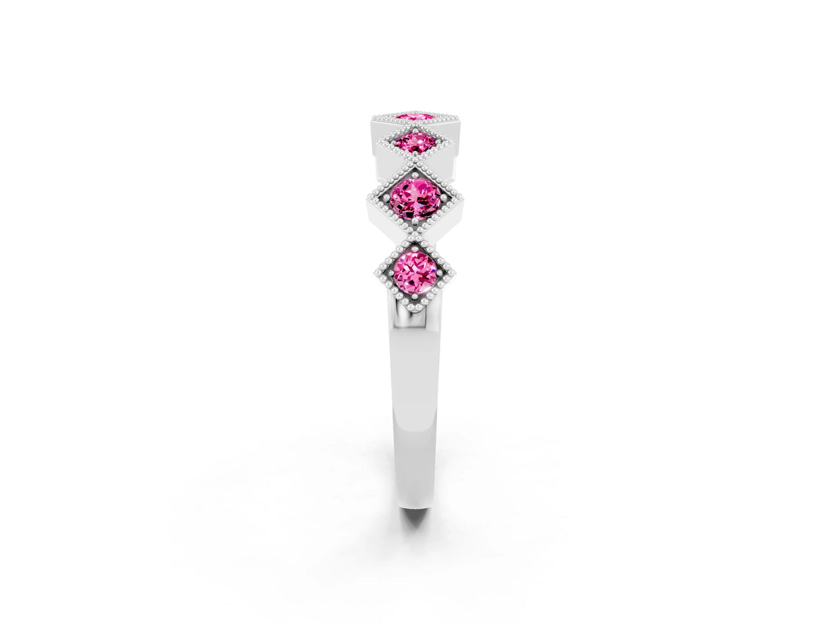 Round Pink Sapphire Square Bezel Chevron Band in White gold with Milgrain Detailing_2