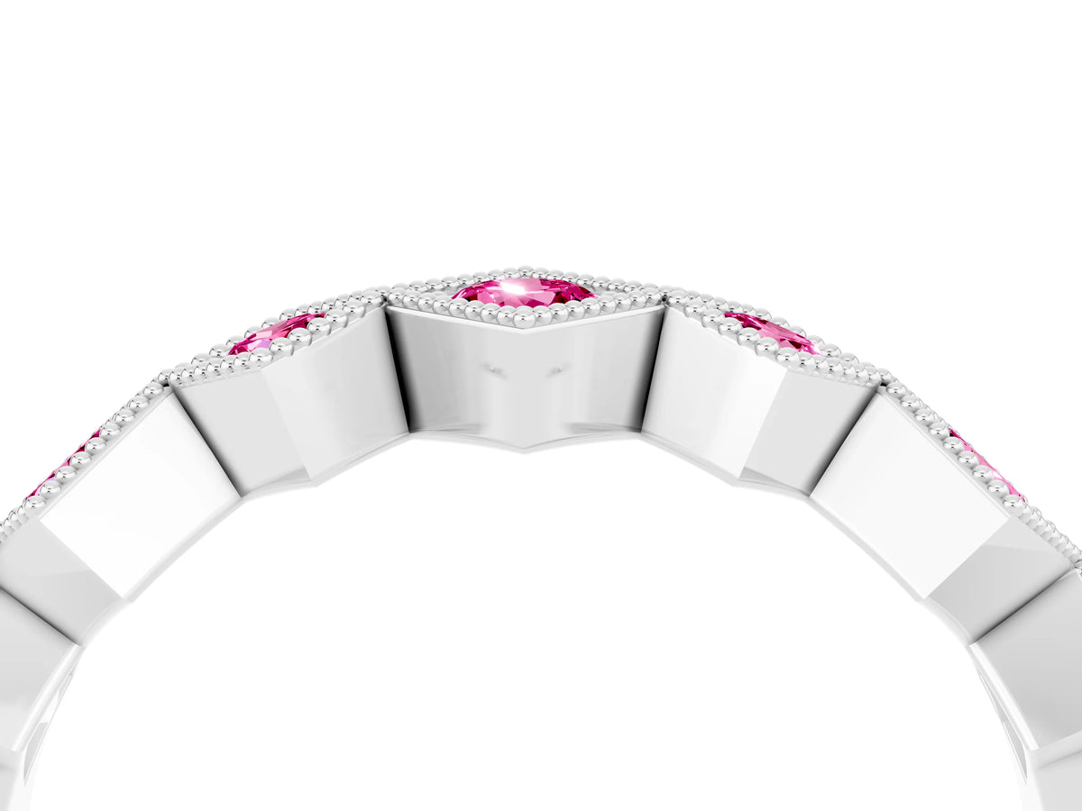 Round Pink Sapphire Square Bezel Chevron Band in White gold with Milgrain Detailing_4