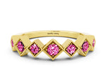 Round Pink Sapphire Square Bezel Chevron Band in Yellow gold with Milgrain Detailing