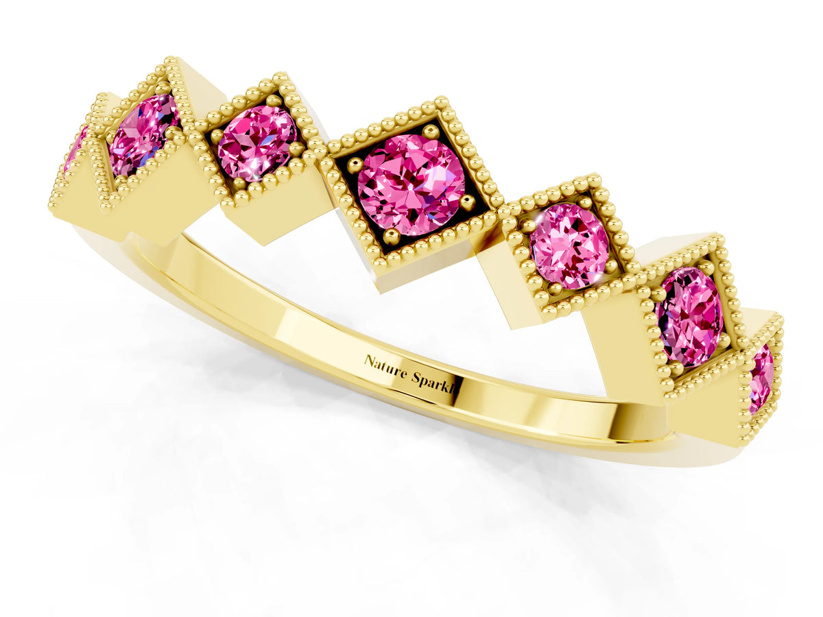 Round Pink Sapphire Square Bezel Chevron Band in Yellow gold with Milgrain Detailing_1