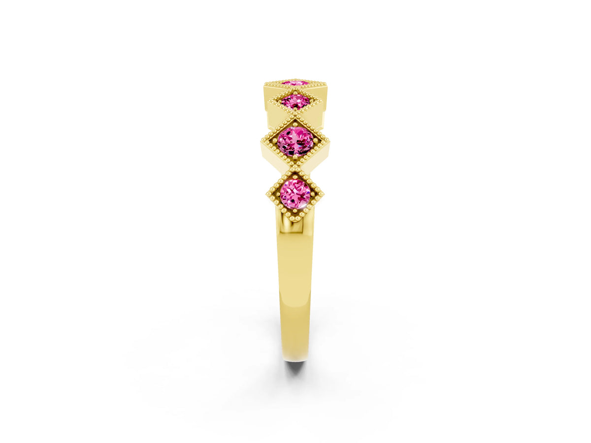Round Pink Sapphire Square Bezel Chevron Band in Yellow gold with Milgrain Detailing_2