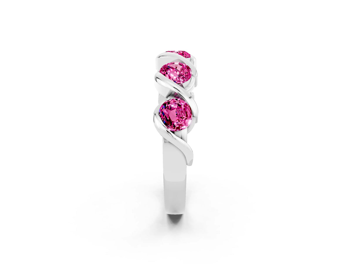 Round Pink Sapphire Wave Band in White gold with Channel Setting and Shared Prongs_2