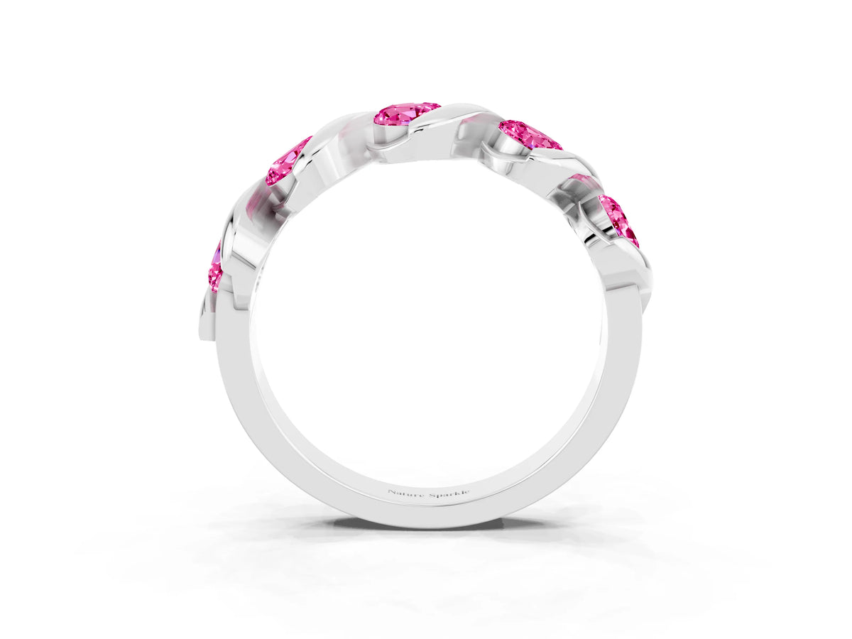 Round Pink Sapphire Wave Band in White gold with Channel Setting and Shared Prongs_3