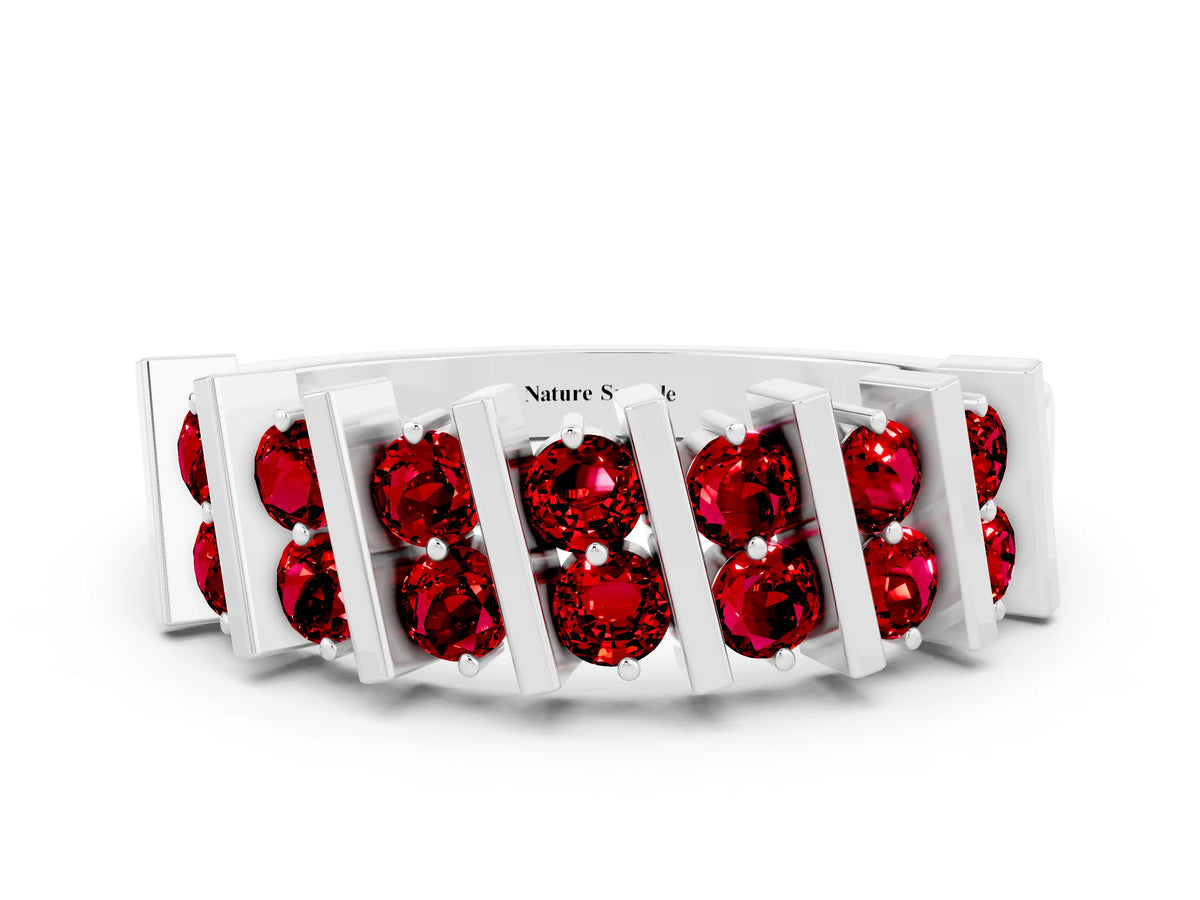 Round Ruby Anniversary Band in Platinum with Channel Setting and Vertical Prongs