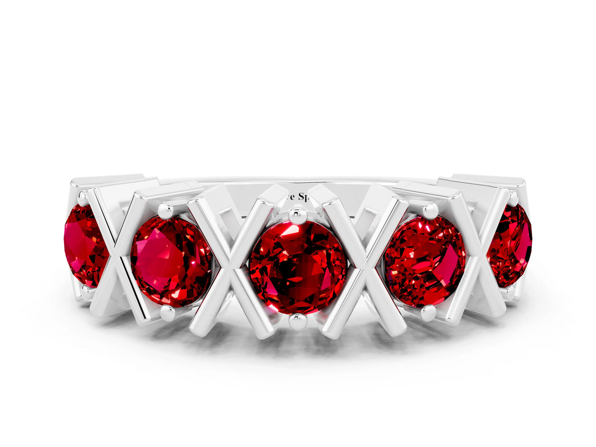 Round Ruby Channel Set Band in Platinum with X-Prong Detail