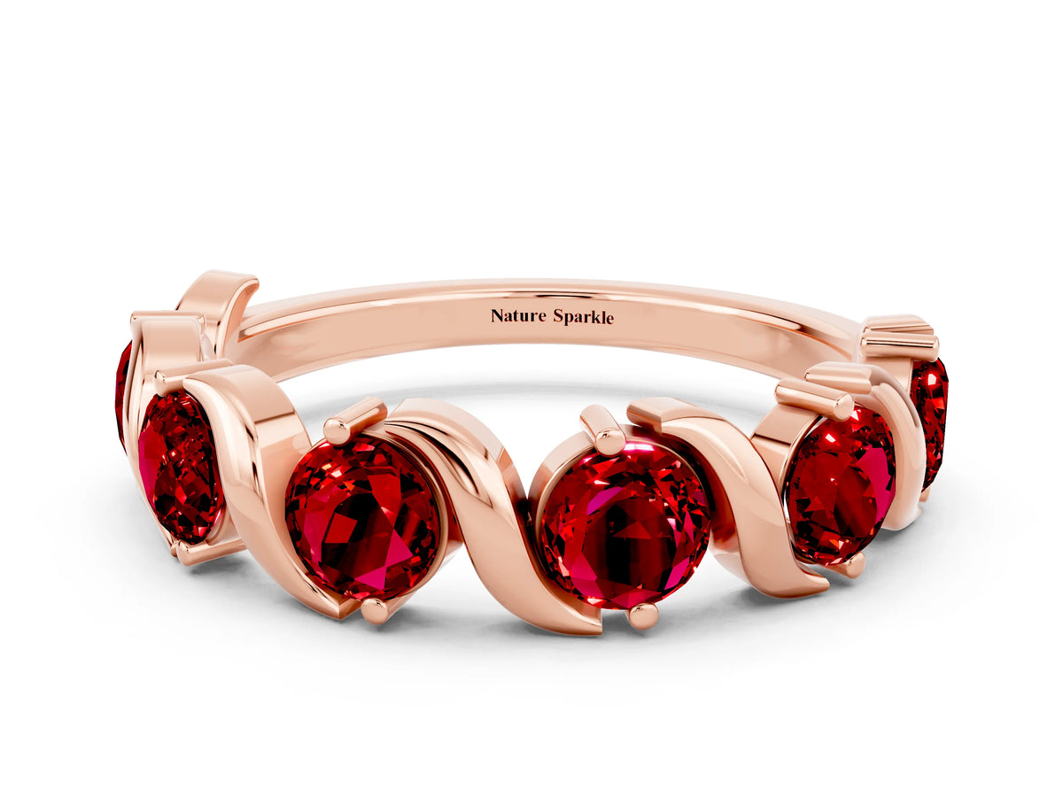 Round Ruby Half Eternity Band in Rose gold with Wave Prong Setting