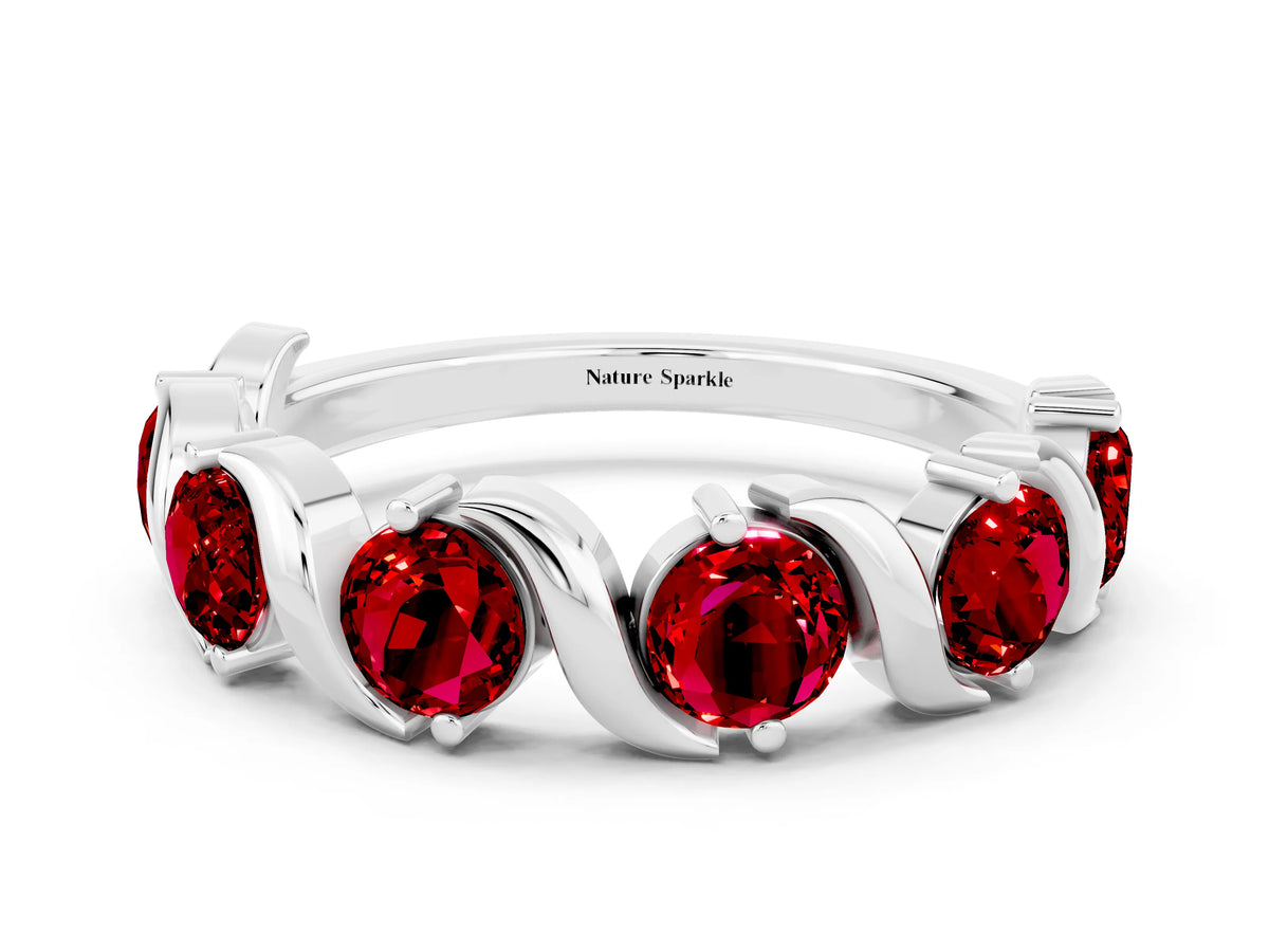 Round Ruby Half Eternity Band in White gold with Wave Prong Setting