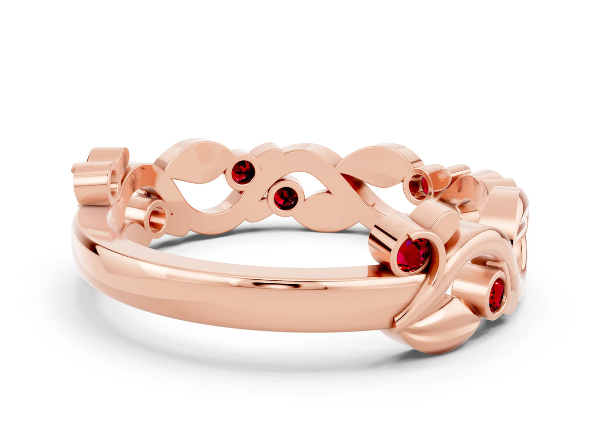 Round Ruby Leaf Motif Eternity Band in Rose gold with Bezel Setting