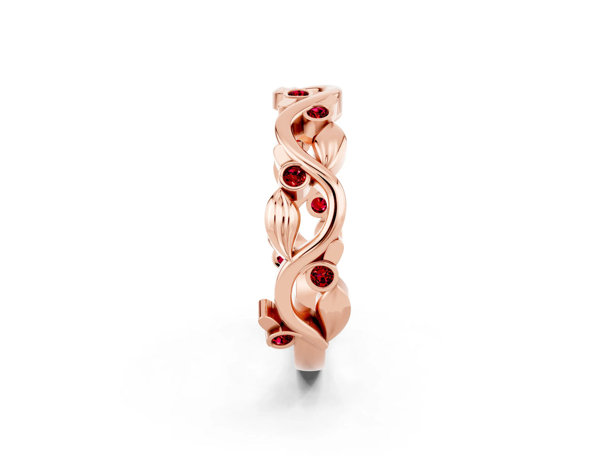 Round Ruby Leaf Motif Eternity Band in Rose gold with Bezel Setting_2
