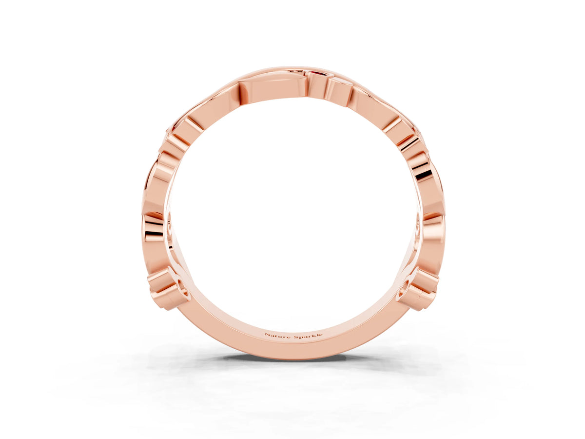 Round Ruby Leaf Motif Eternity Band in Rose gold with Bezel Setting_3