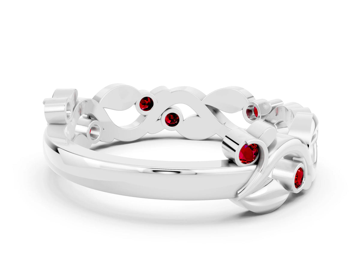 Round Ruby Leaf Motif Eternity Band in Silver with Bezel Setting