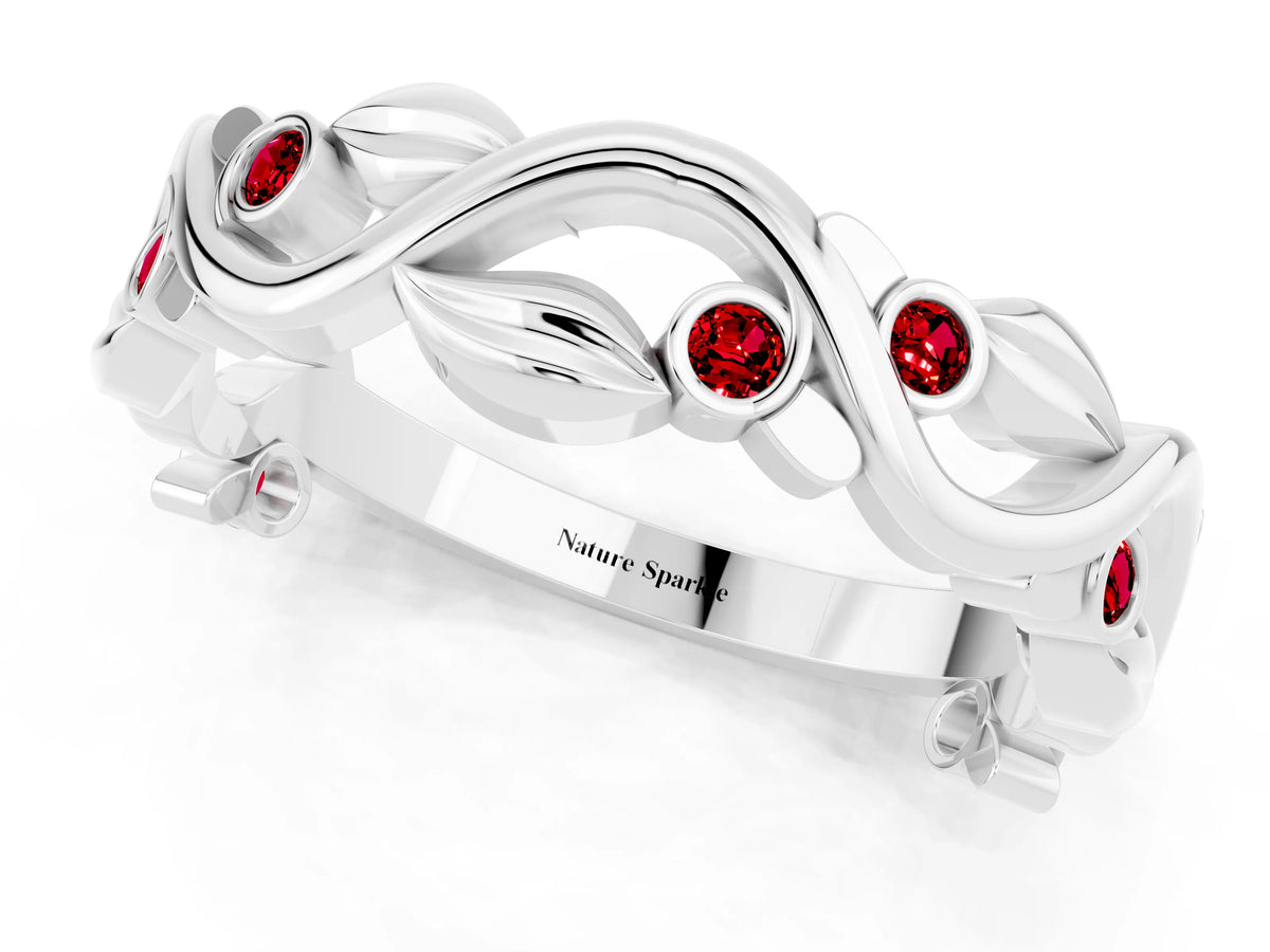 Round Ruby Leaf Motif Eternity Band in Silver with Bezel Setting_1