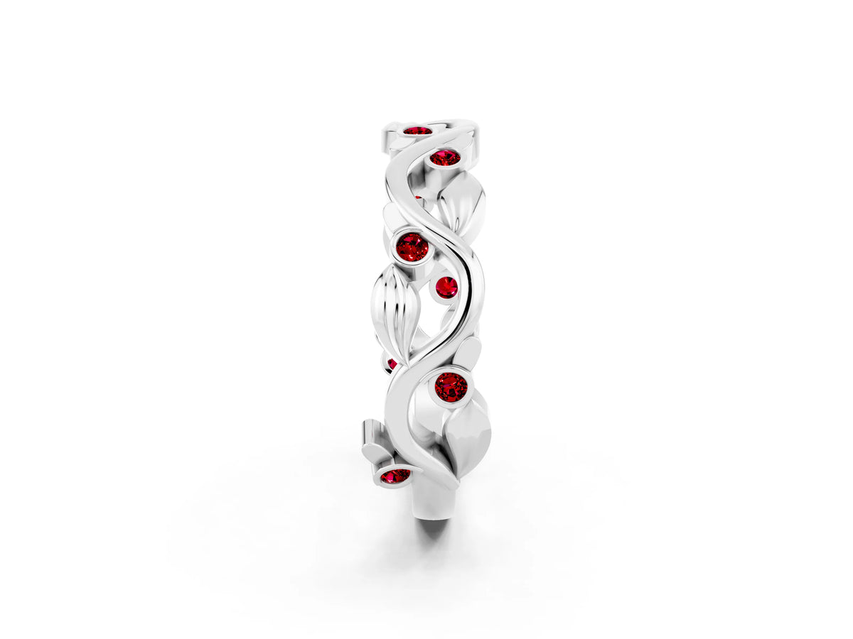 Round Ruby Leaf Motif Eternity Band in Silver with Bezel Setting_2