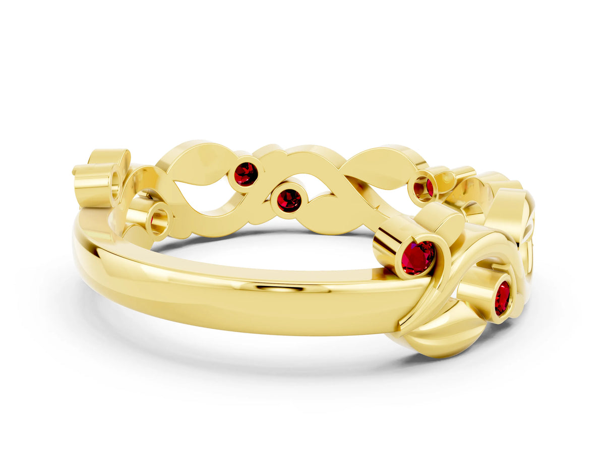 Round Ruby Leaf Motif Eternity Band in Yellow gold with Bezel Setting