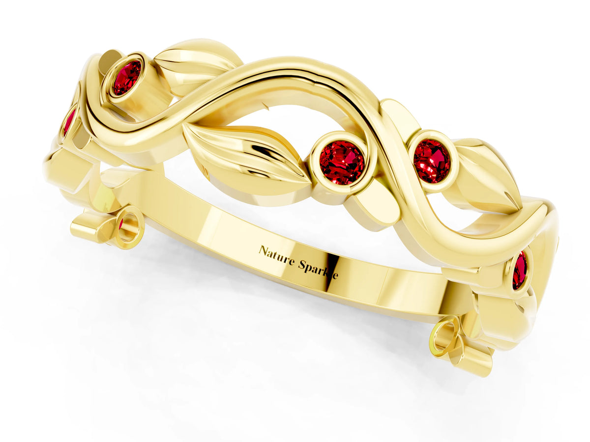 Round Ruby Leaf Motif Eternity Band in Yellow gold with Bezel Setting_1