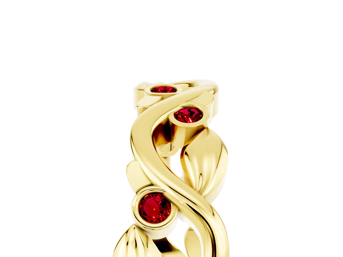 Round Ruby Leaf Motif Eternity Band in Yellow gold with Bezel Setting_5
