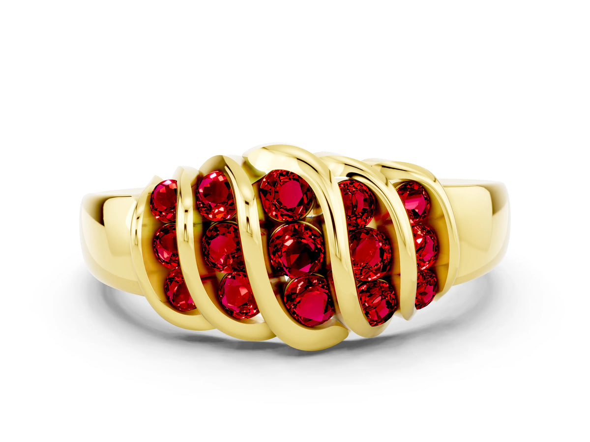 Round Ruby Multi-Row Crossover Band in Yellow gold with Polished Curves