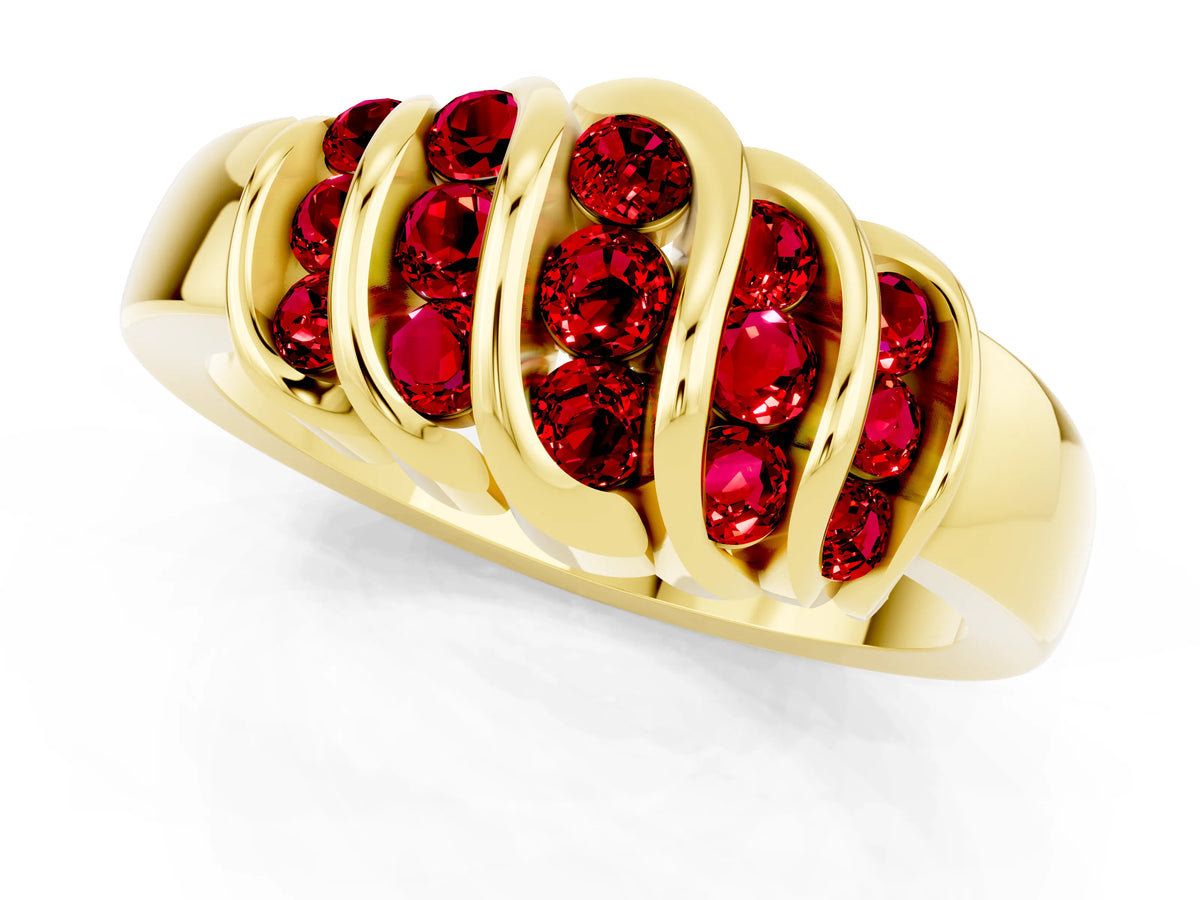 Round Ruby Multi-Row Crossover Band in Yellow gold with Polished Curves_1