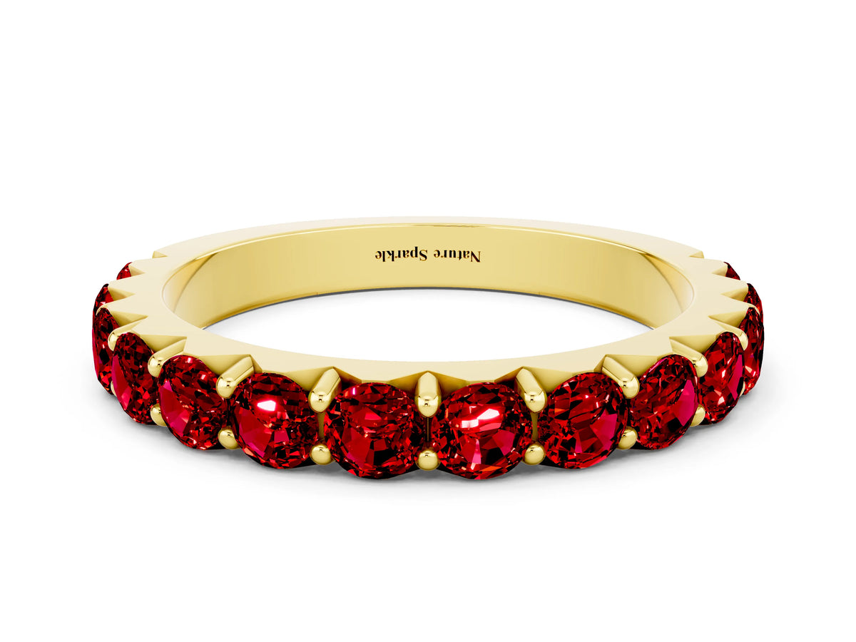 Round Ruby Polished Half Eternity Band in Yellow gold with Classic Prong Setting