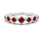 Round Ruby Square Bezel Chevron Band in Platinum with Milgrain Detailing