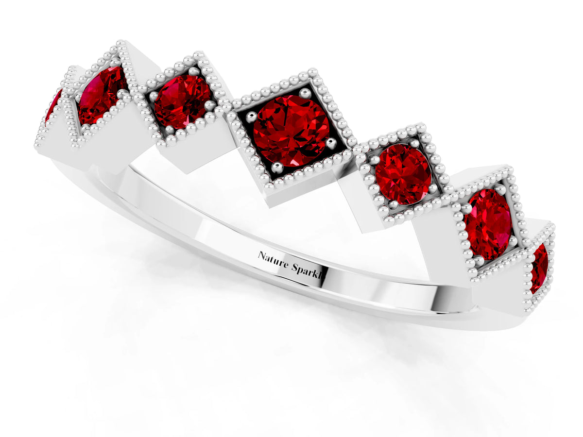 Round Ruby Square Bezel Chevron Band in Platinum with Milgrain Detailing_1