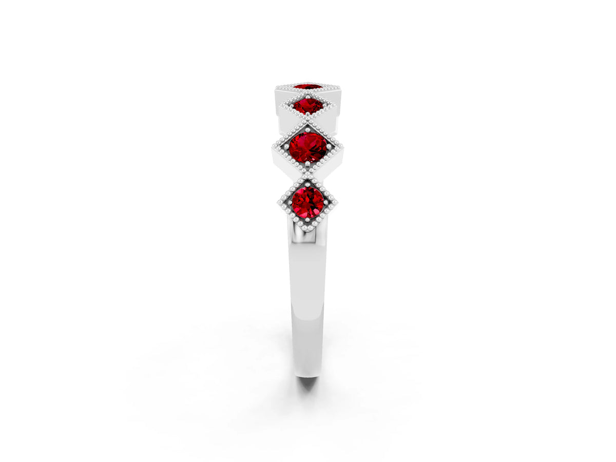 Round Ruby Square Bezel Chevron Band in Platinum with Milgrain Detailing_2