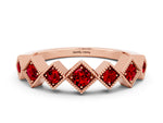 Round Ruby Square Bezel Chevron Band in Rose gold with Milgrain Detailing
