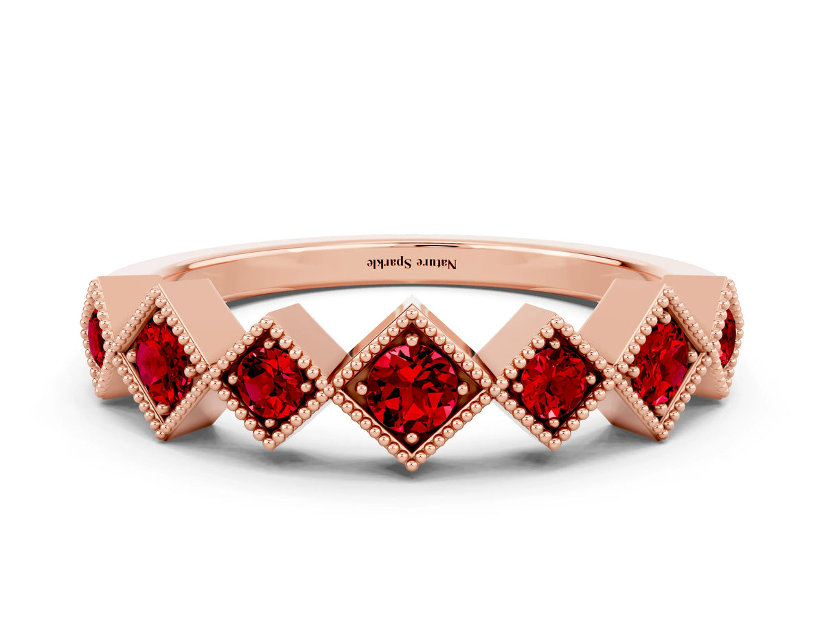 Round Ruby Square Bezel Chevron Band in Rose gold with Milgrain Detailing