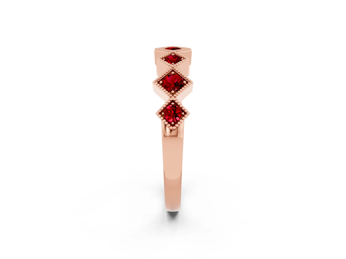Round Ruby Square Bezel Chevron Band in Rose gold with Milgrain Detailing_2
