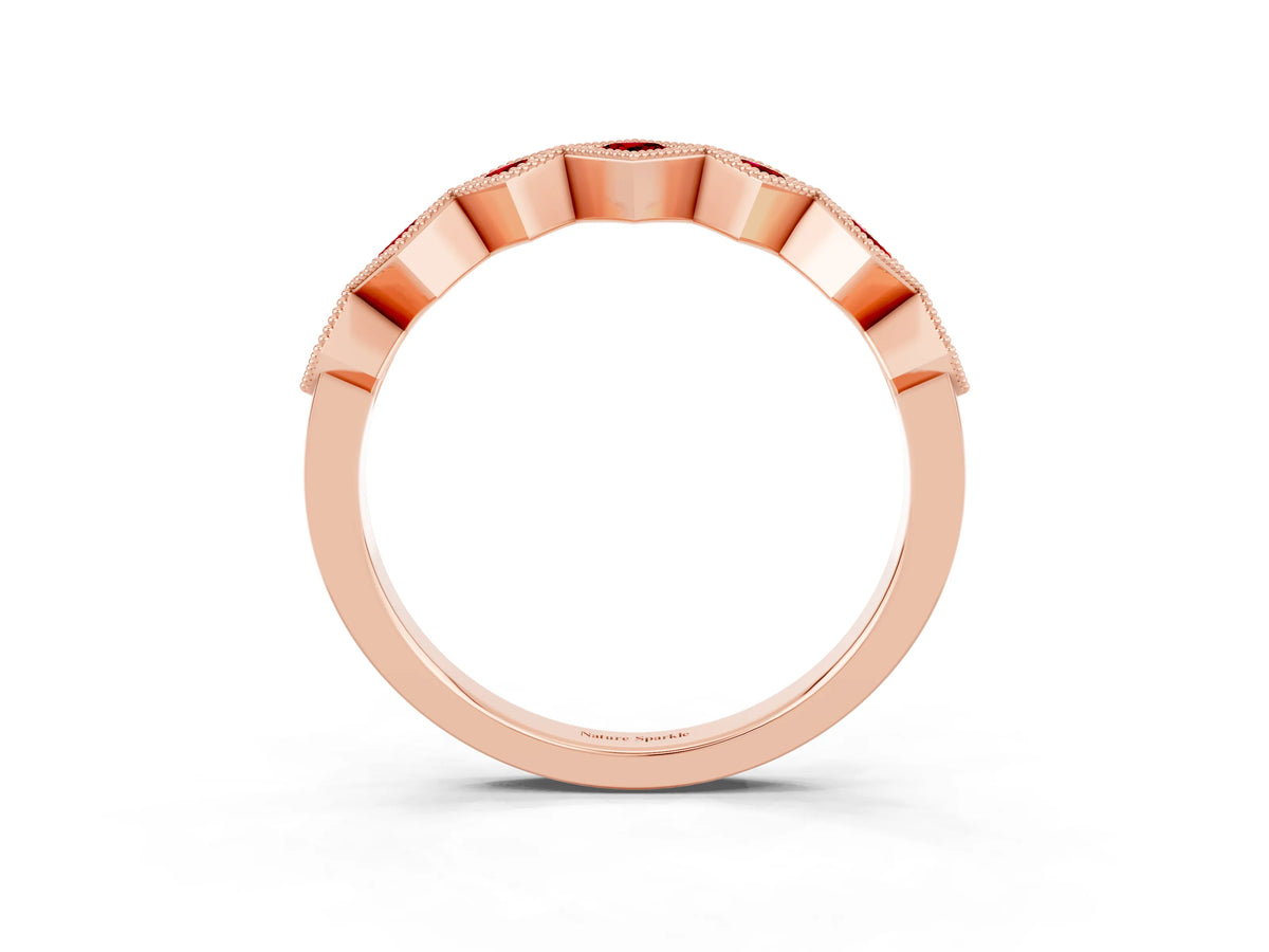 Round Ruby Square Bezel Chevron Band in Rose gold with Milgrain Detailing_3