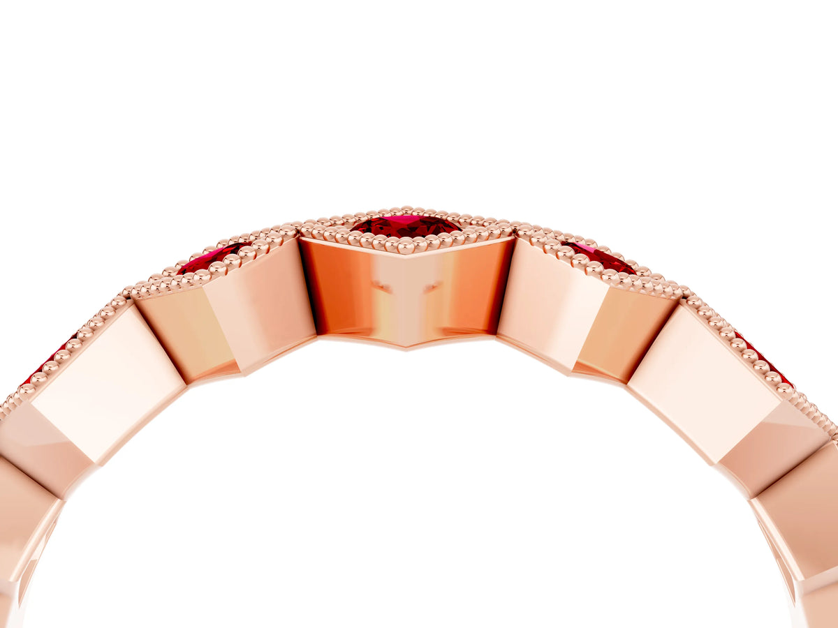 Round Ruby Square Bezel Chevron Band in Rose gold with Milgrain Detailing_4