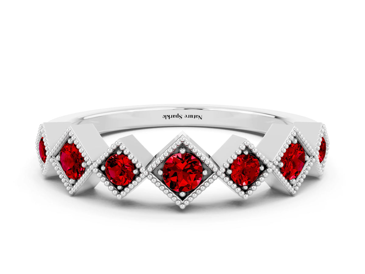 Round Ruby Square Bezel Chevron Band in Silver with Milgrain Detailing