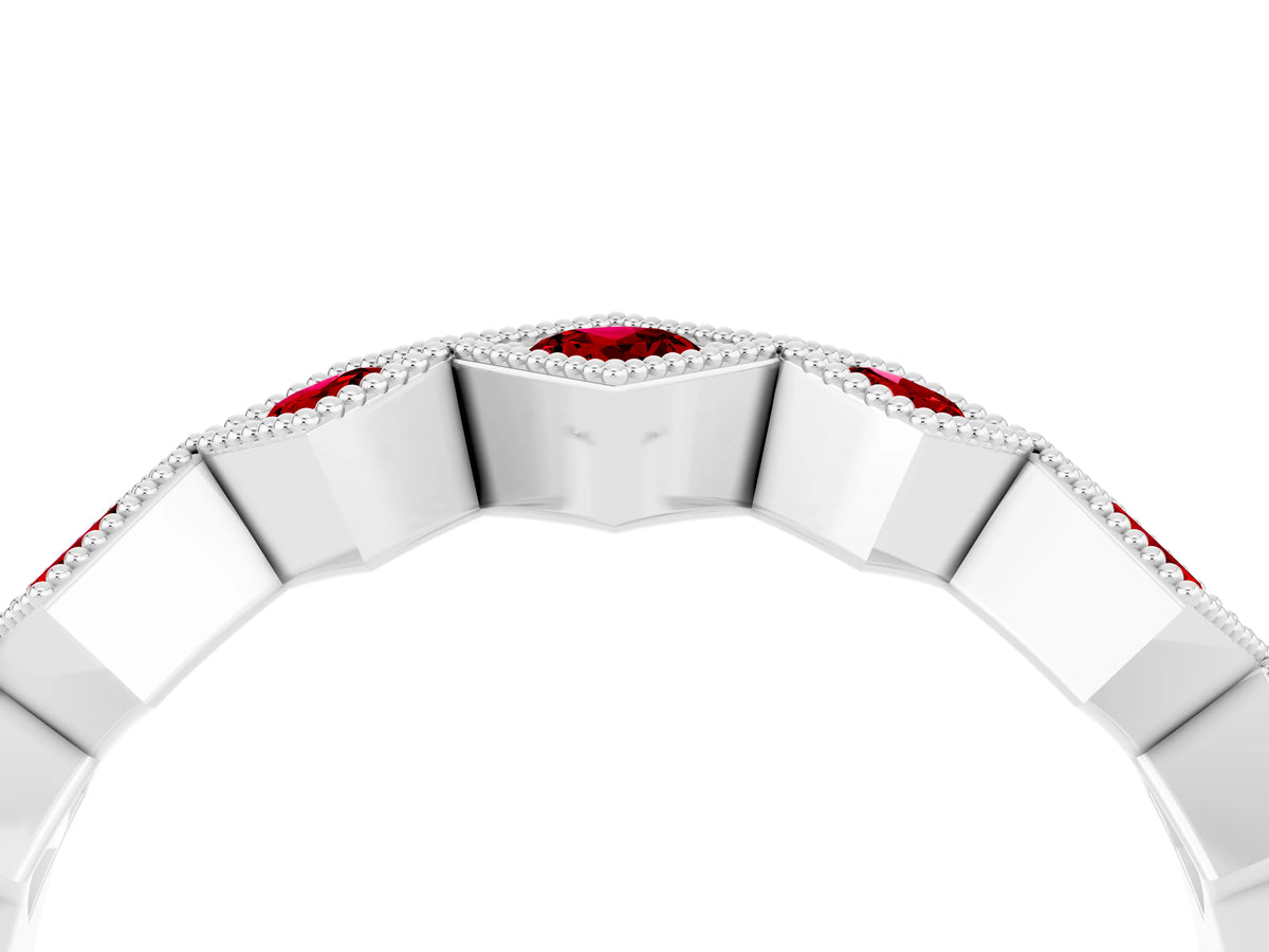 Round Ruby Square Bezel Chevron Band in Silver with Milgrain Detailing_4