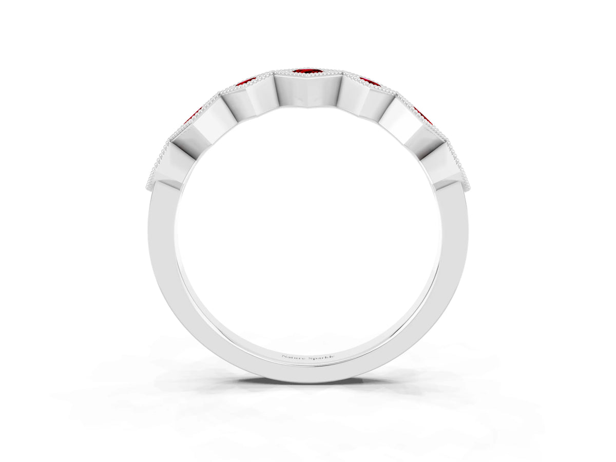 Round Ruby Square Bezel Chevron Band in White gold with Milgrain Detailing_3