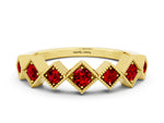 Round Ruby Square Bezel Chevron Band in Yellow gold with Milgrain Detailing