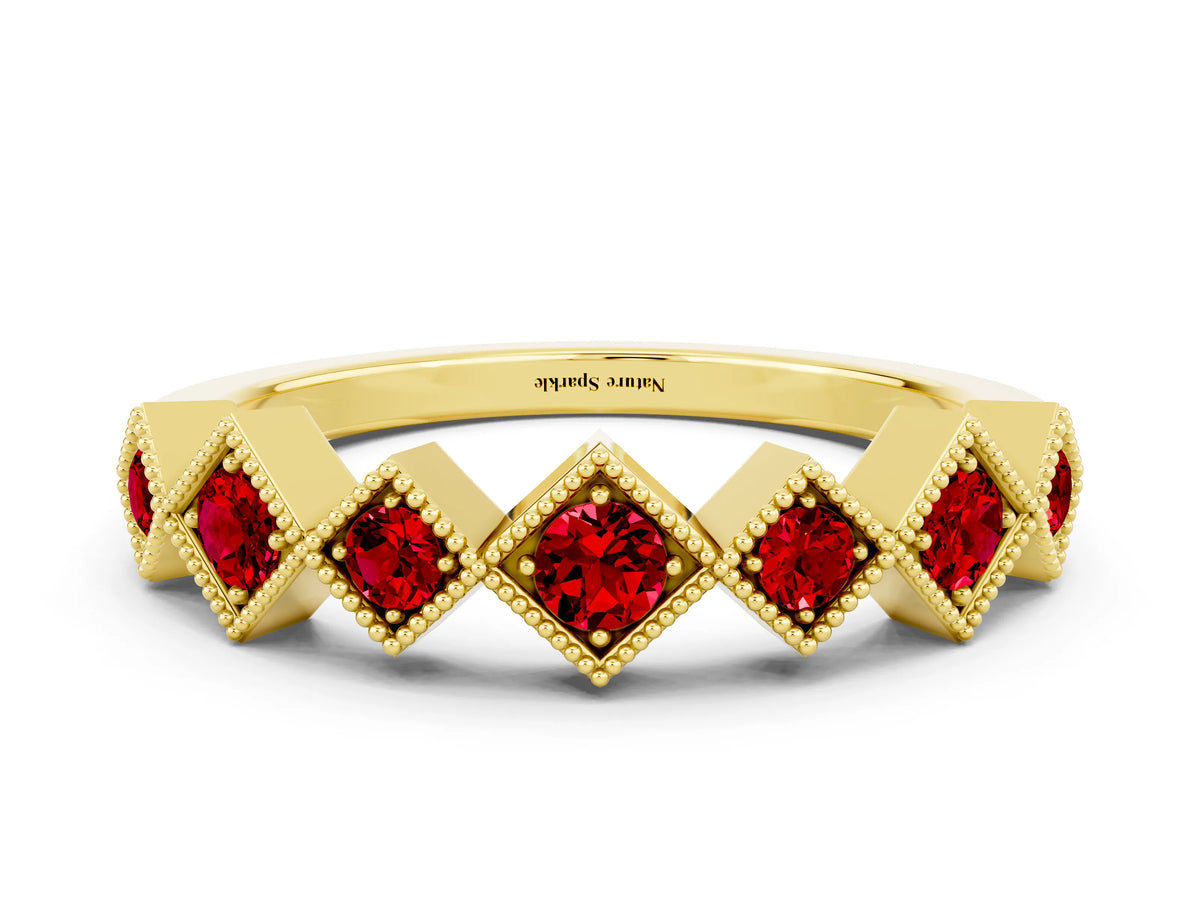 Round Ruby Square Bezel Chevron Band in Yellow gold with Milgrain Detailing