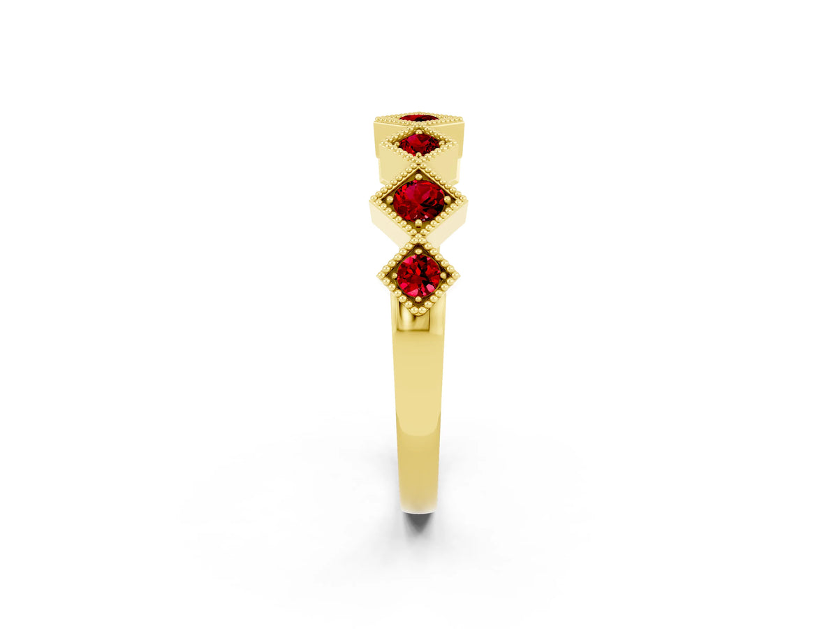 Round Ruby Square Bezel Chevron Band in Yellow gold with Milgrain Detailing_2