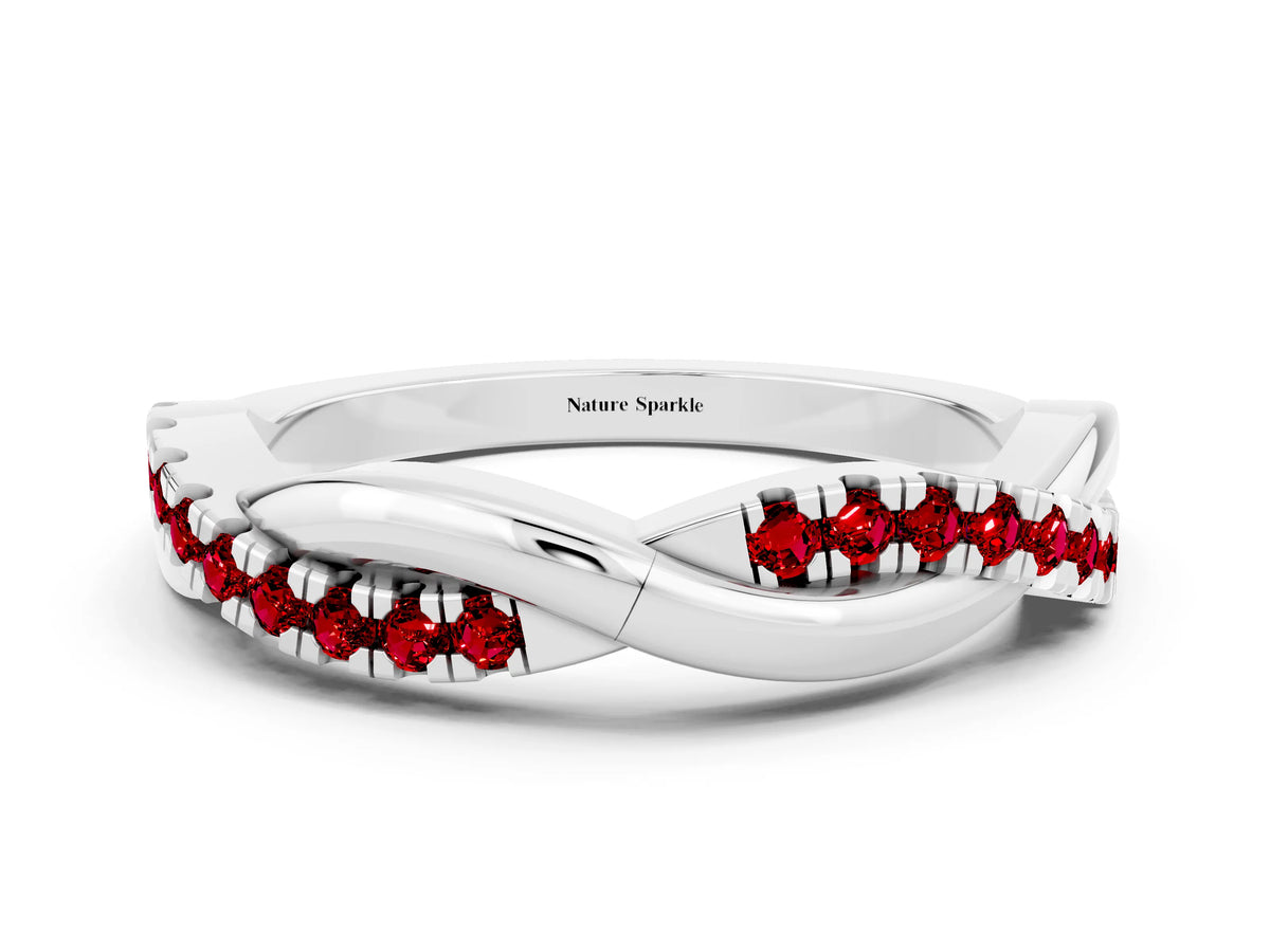 Round Ruby Twisted Infinity Band in White gold with Prong Setting