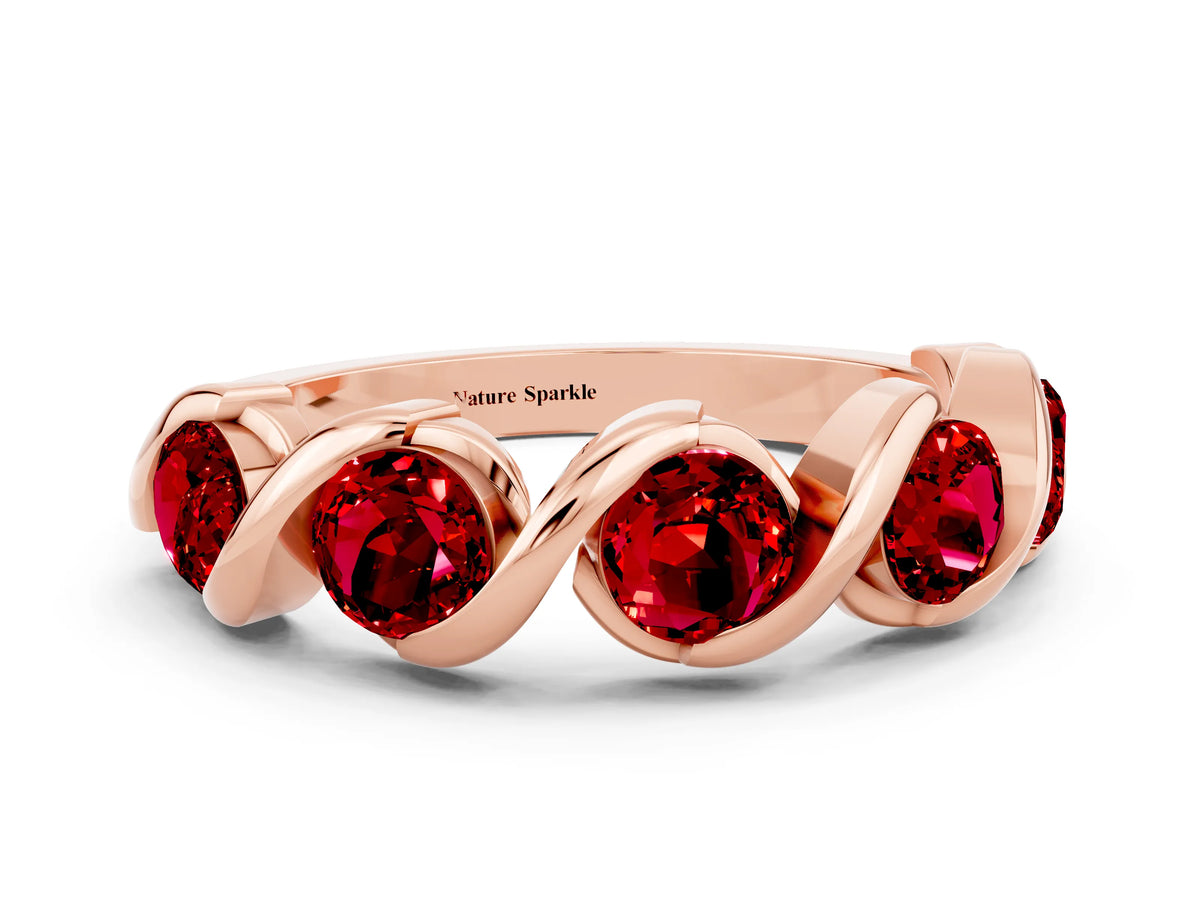 Round Ruby Wave Band in Rose gold with Channel Setting and Shared Prongs