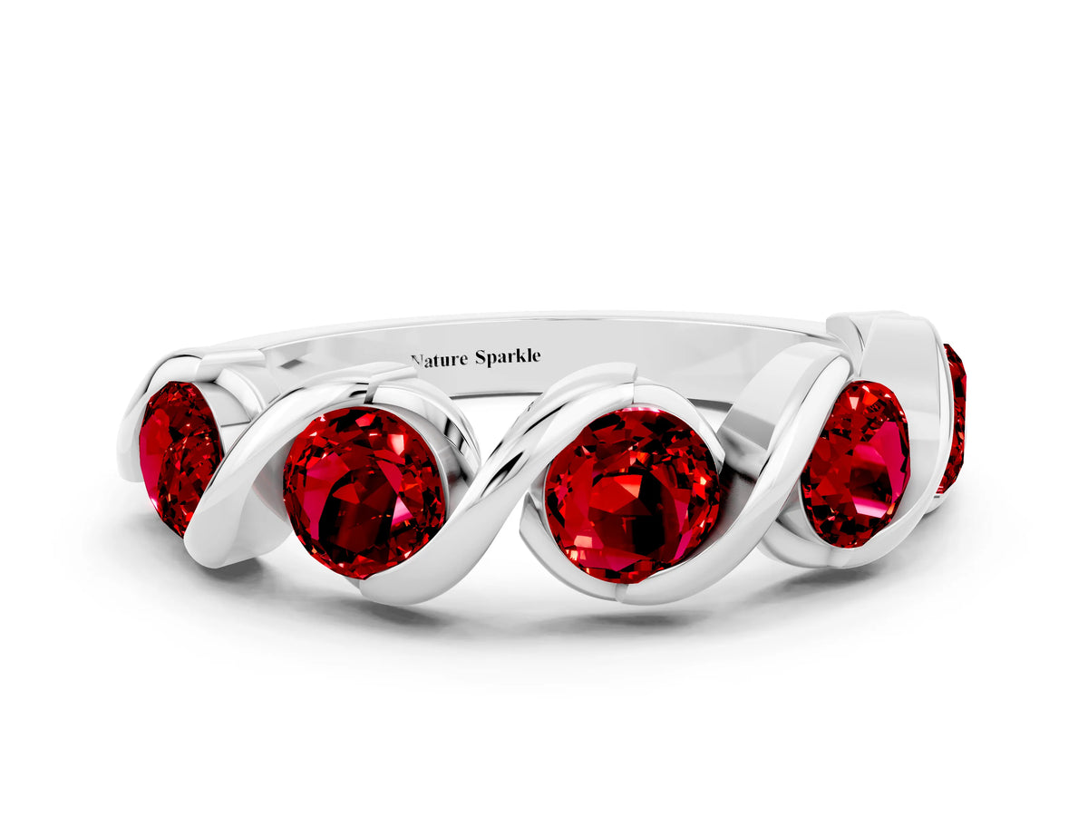 Round Ruby Wave Band in White gold with Channel Setting and Shared Prongs