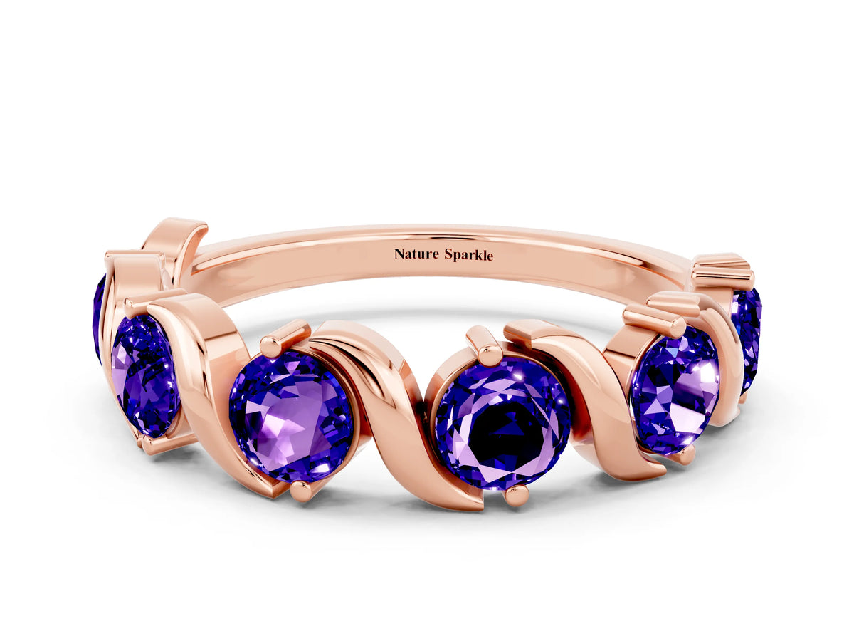 Round Tanzanite Half Eternity Band in Rose gold with Wave Prong Setting