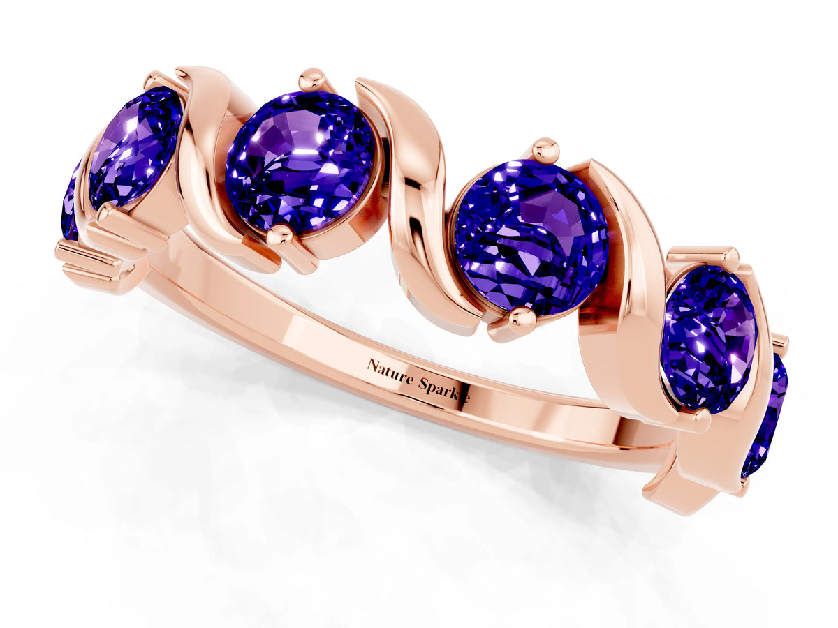 Round Tanzanite Half Eternity Band in Rose gold with Wave Prong Setting_1