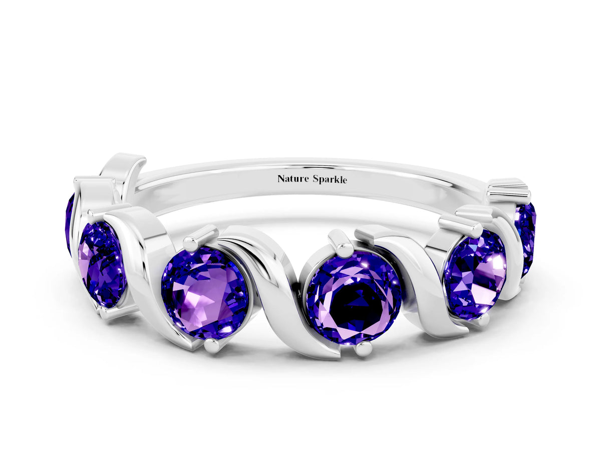 Round Tanzanite Half Eternity Band in Silver with Wave Prong Setting