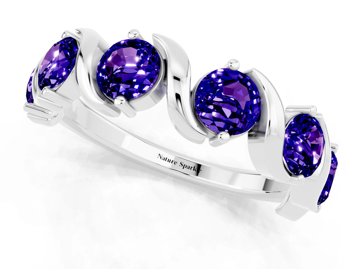 Round Tanzanite Half Eternity Band in Silver with Wave Prong Setting_1