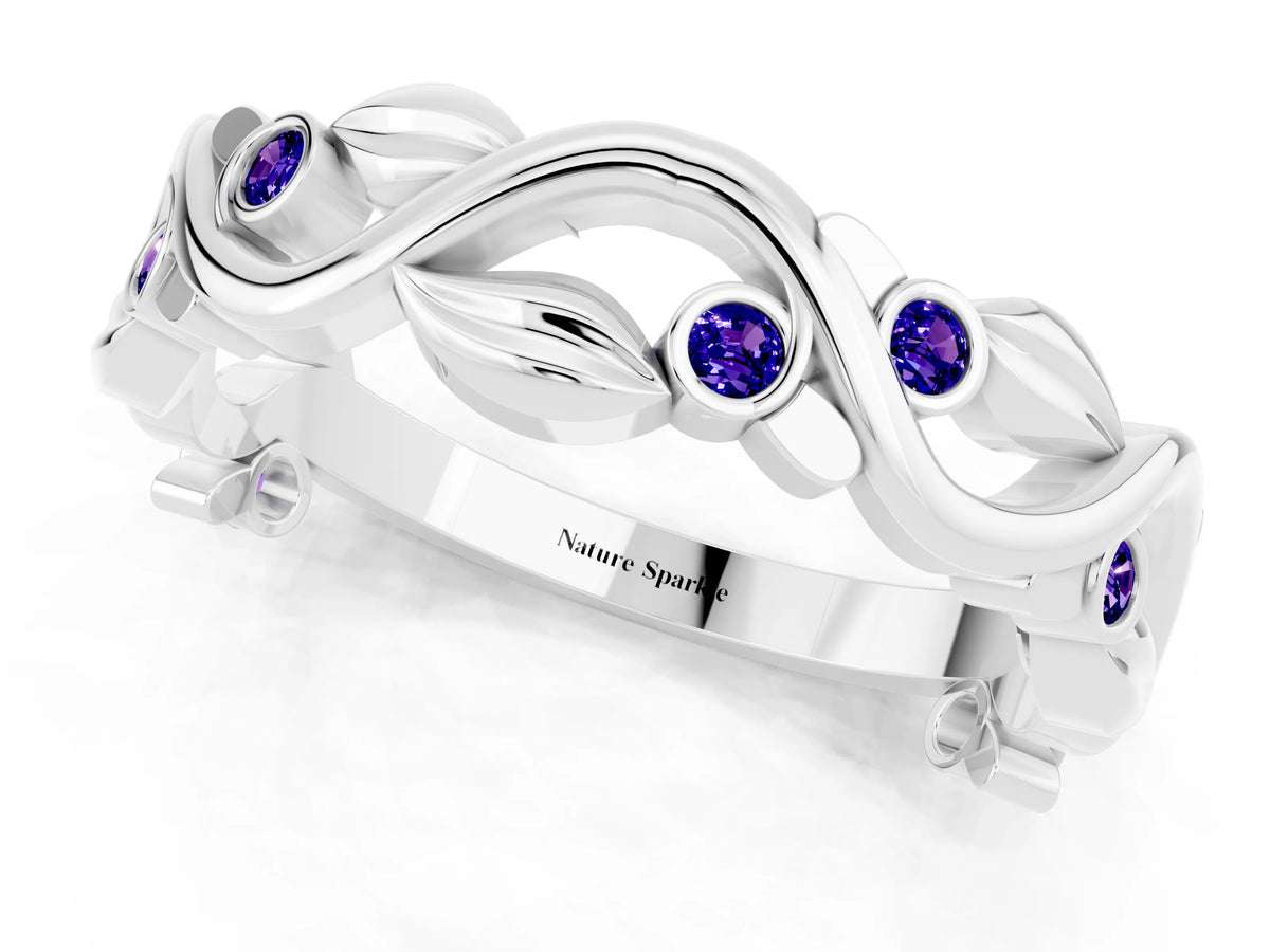 Round Tanzanite Leaf Motif Eternity Band in Silver with Bezel Setting_1