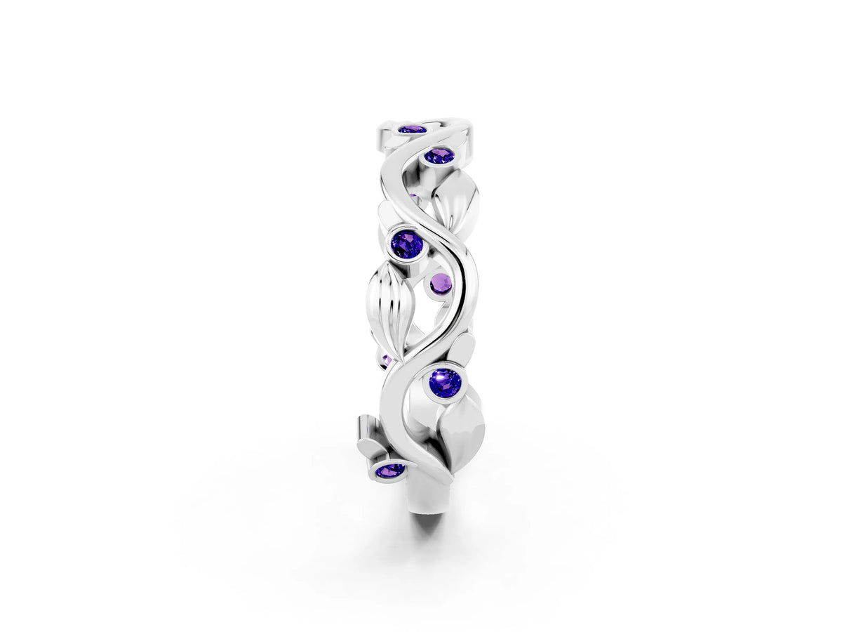 Round Tanzanite Leaf Motif Eternity Band in Silver with Bezel Setting_2