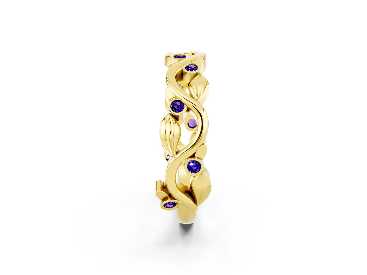 Round Tanzanite Leaf Motif Eternity Band in Yellow gold with Bezel Setting_2