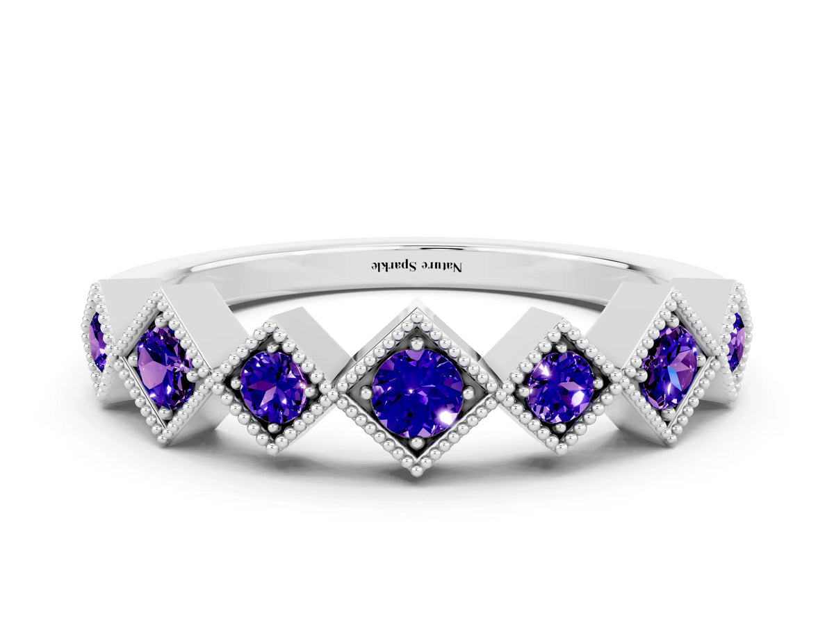 Round Tanzanite Square Bezel Chevron Band in Platinum with Milgrain Detailing
