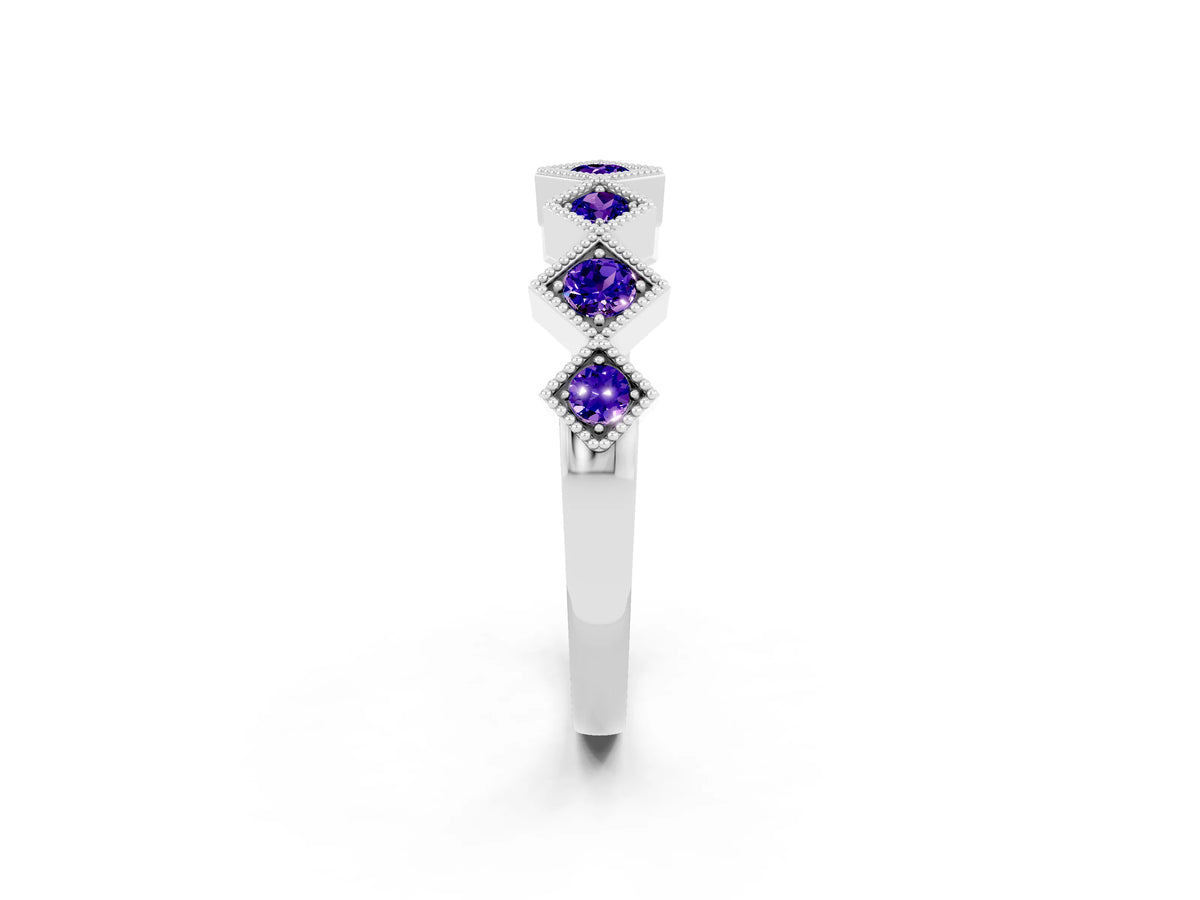 Round Tanzanite Square Bezel Chevron Band in Platinum with Milgrain Detailing_2